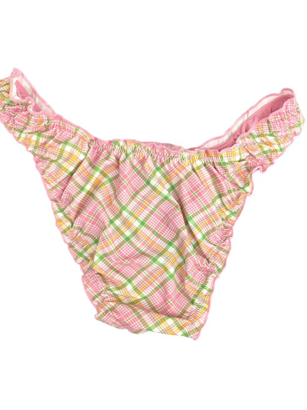 Pink X Frankie's Bikinis Pink Green Bikini Set Strawberry Plaid Ruffle Size M